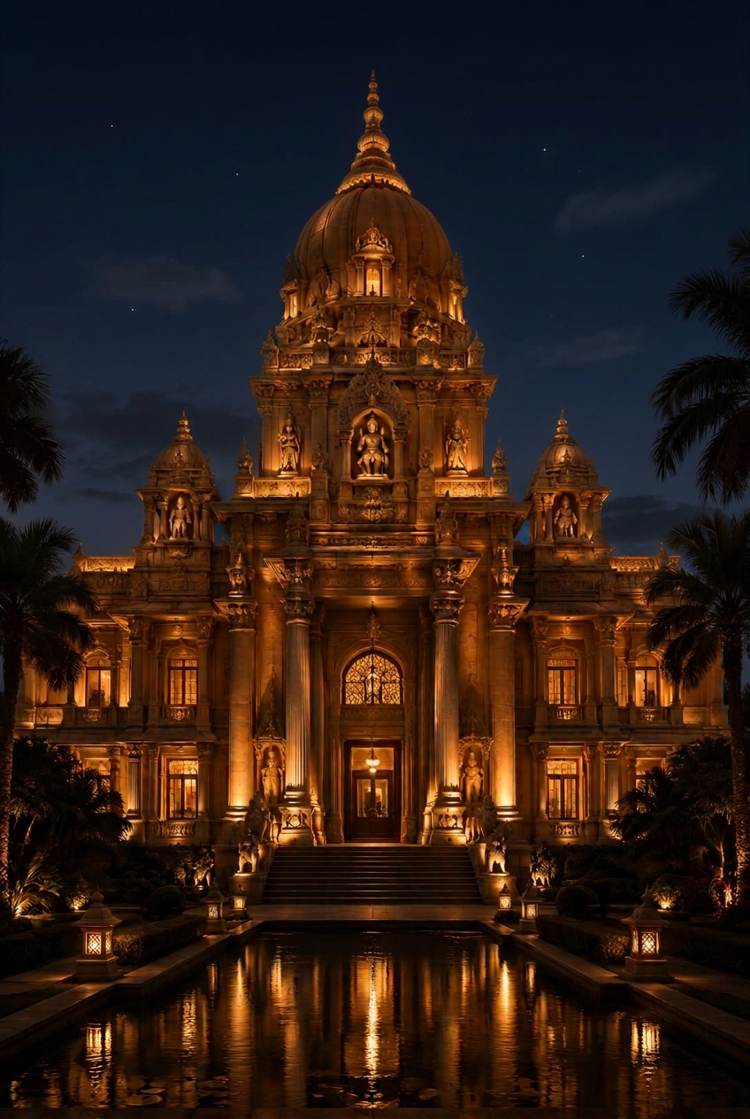 Baron Empain Palace at dusk, bathed in golden light